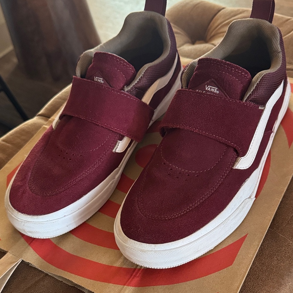 Vans Burgundy Suede Velcro Sneakers with White Sidestripe